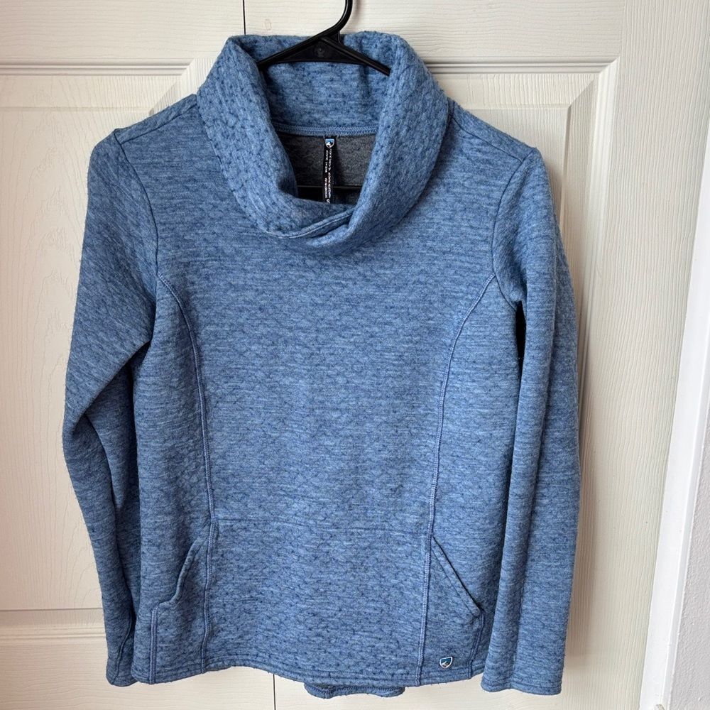 Kuhl Women's Athena wool blend Blue Cowl Neck Sweatshirt mock small EUC pockets